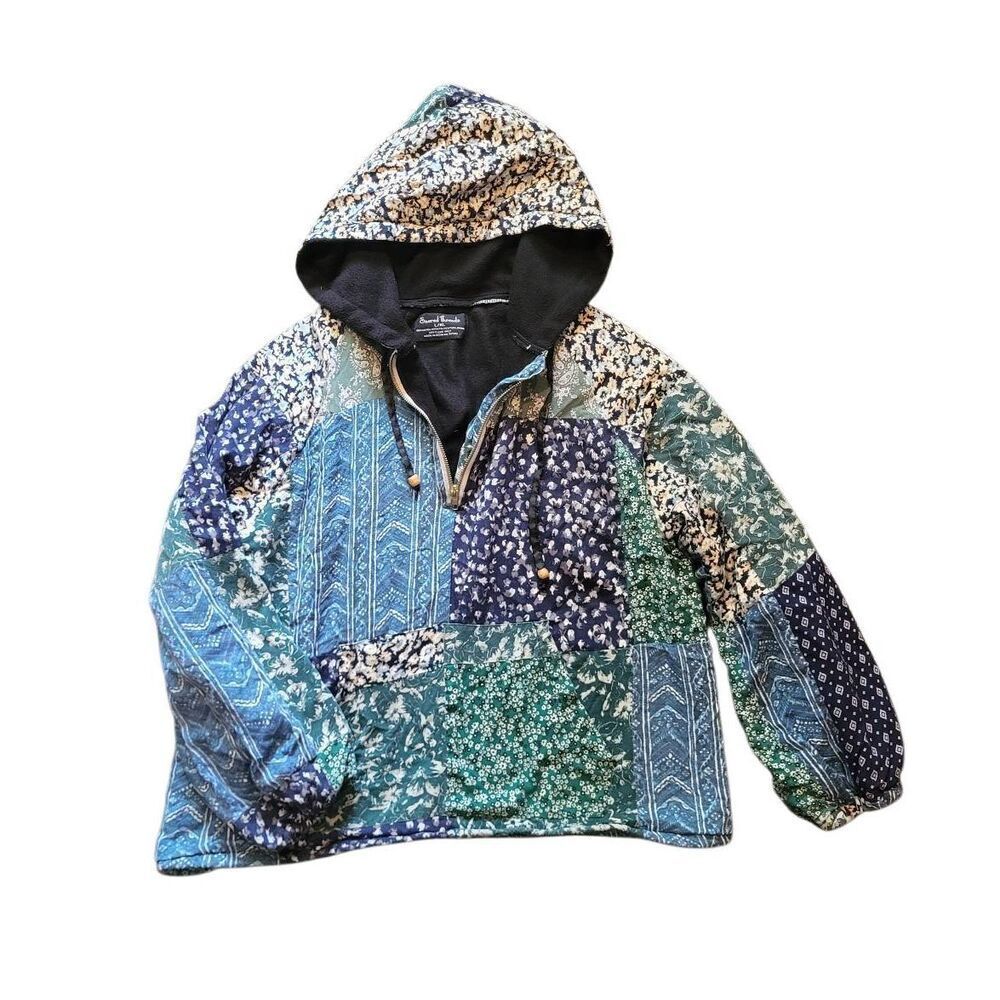 Vintage 90s Sacred Threads Jacket Women's XL Blue Green Patchwork Hooded Boho